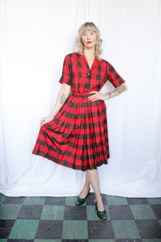 1950s Buffalo Plaid Silk Dress - Medium