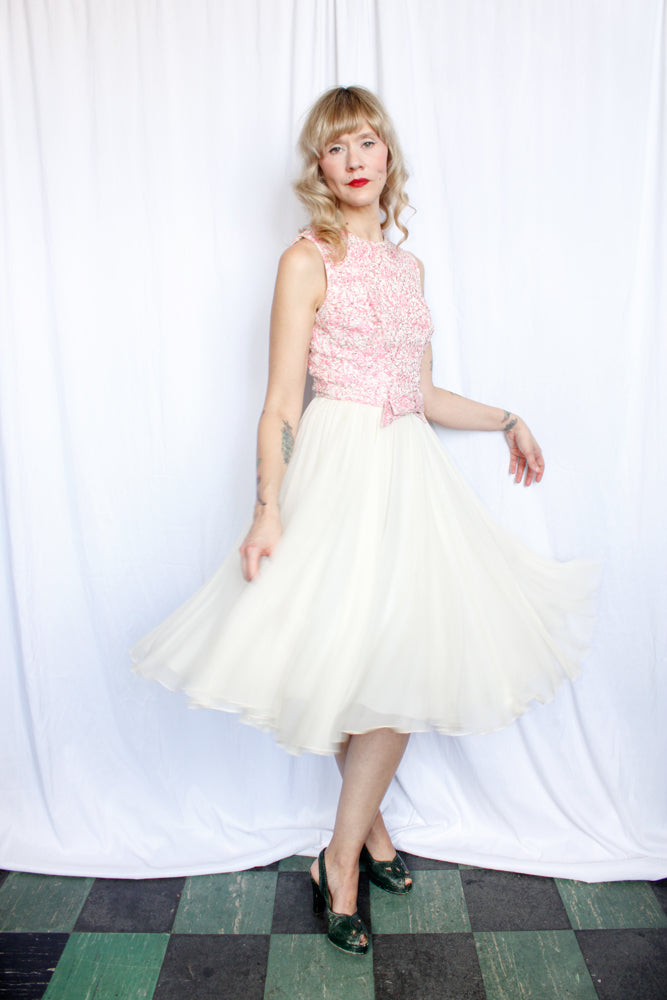 1950s Spring Silk Brocade and Chiffon Dress and Jacket - Small