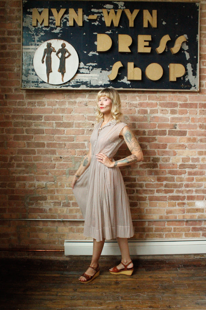 1950s Sheer Puckered Nylon Striped Dress - Medium