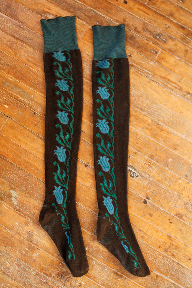1960s Rose Pattered Wool Socks - 7-9 shoe size