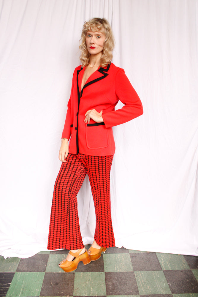 1970s Red Orange & Black Houndstooth Knit Wool Suit - L/XL