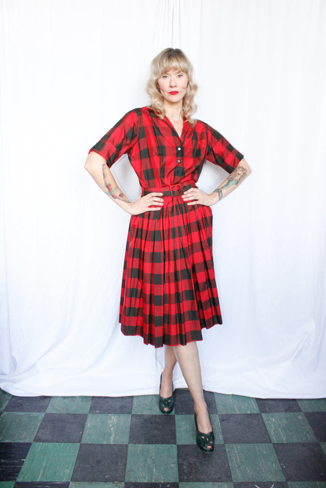 1950s Buffalo Plaid Silk Dress - Medium