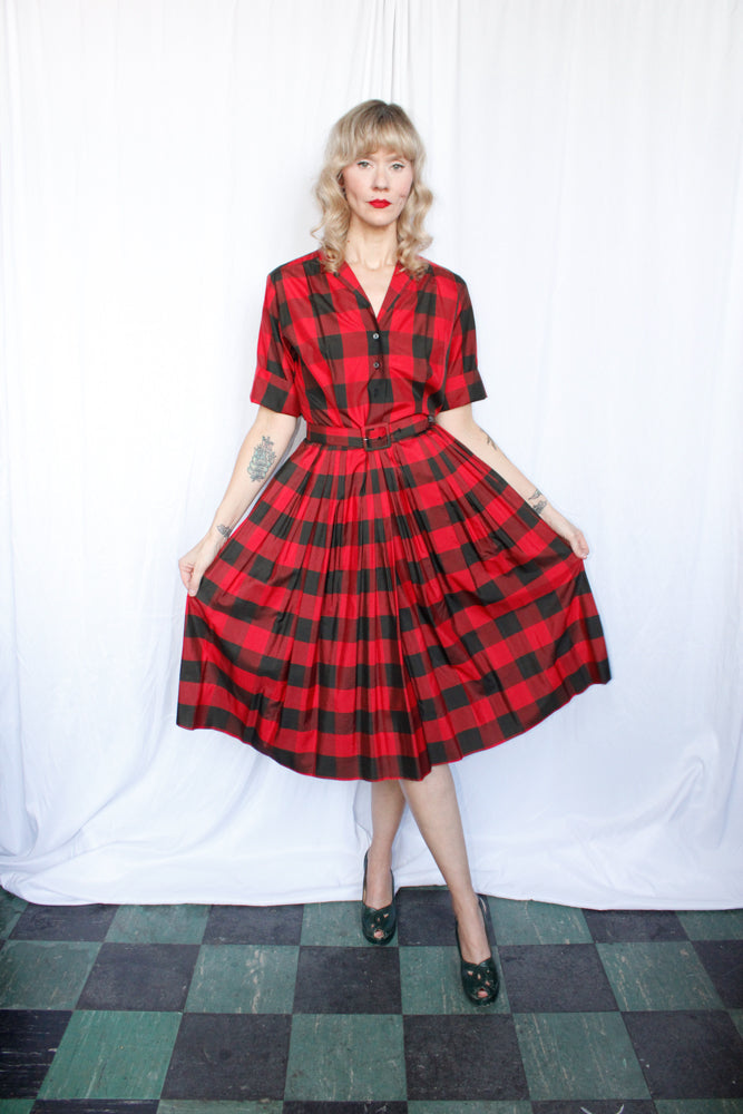 1950s Buffalo Plaid Silk Dress - Medium