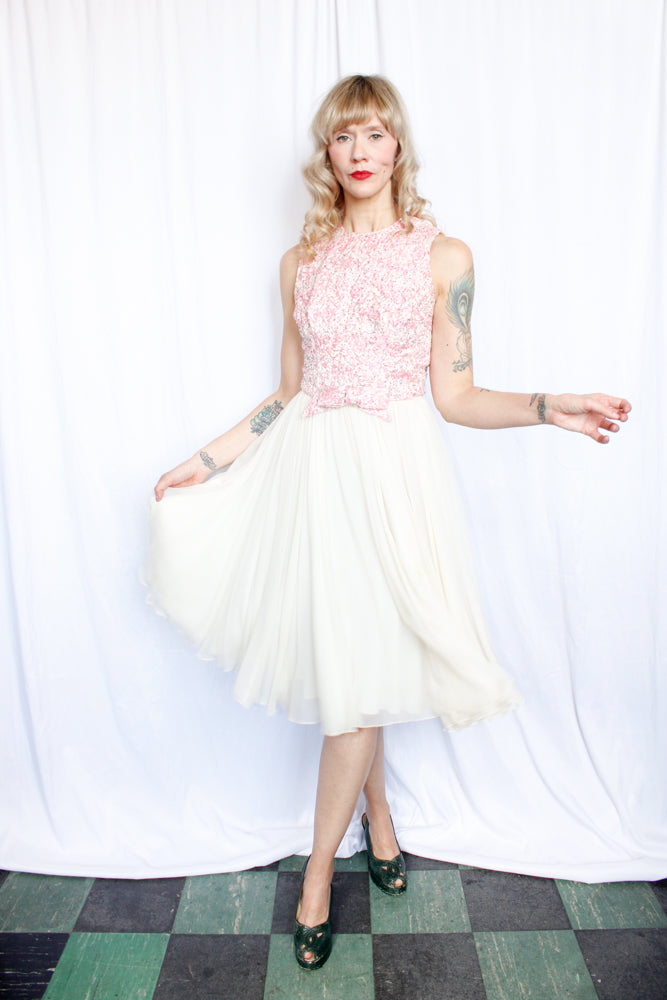 1950s Spring Silk Brocade and Chiffon Dress and Jacket - Small