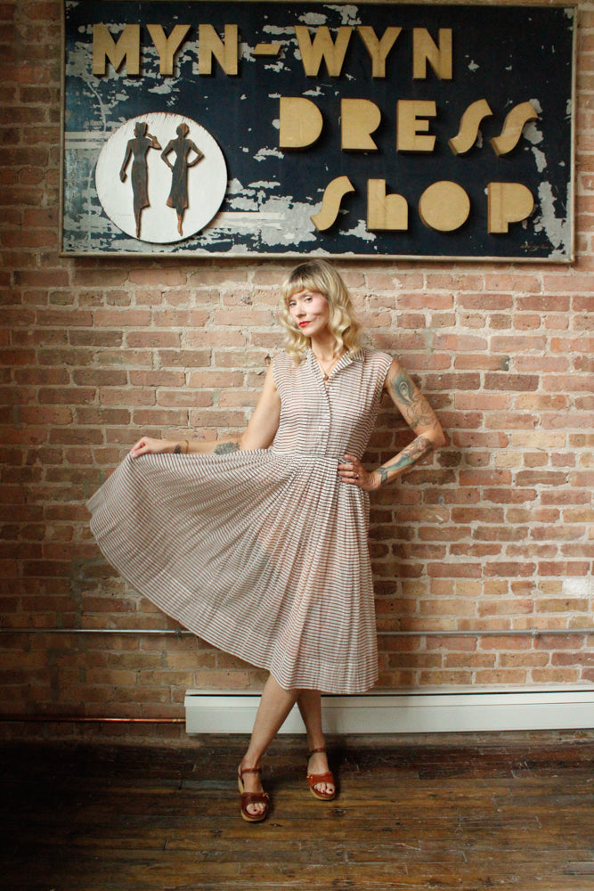 1950s Sheer Puckered Nylon Striped Dress - Medium