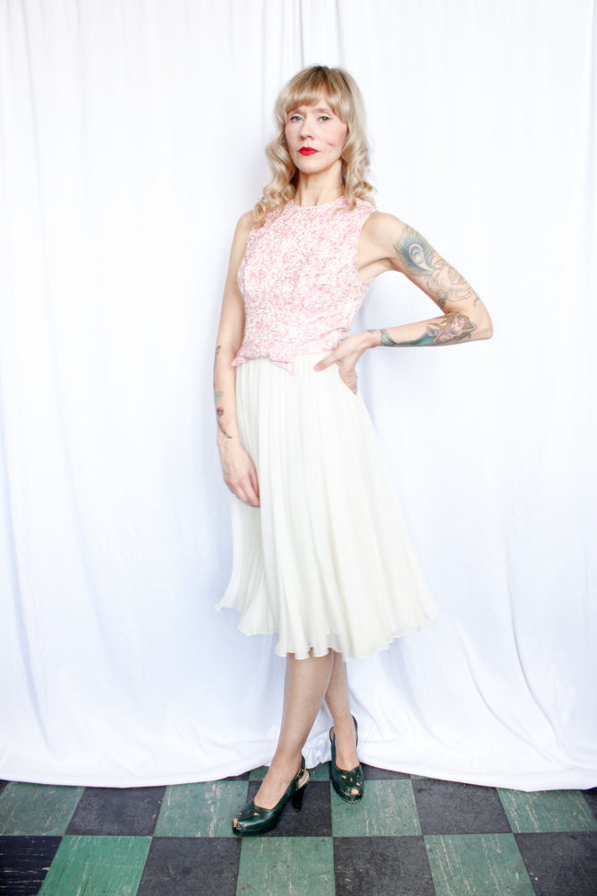 1950s Spring Silk Brocade and Chiffon Dress and Jacket - Small