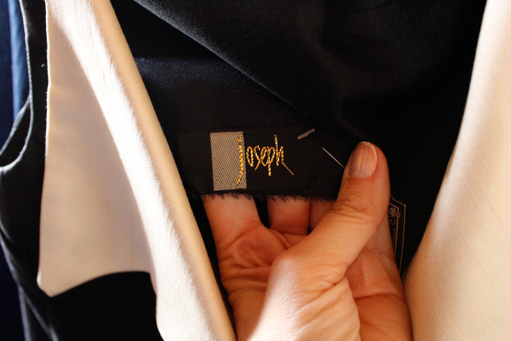 1960s Joseph Navy Blue and Ivory Duponi Silk Dress - Medium
