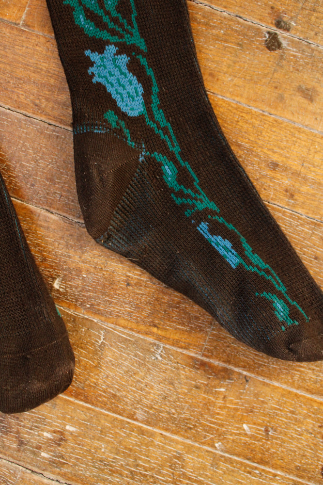 1960s Rose Pattered Wool Socks - 7-9 shoe size