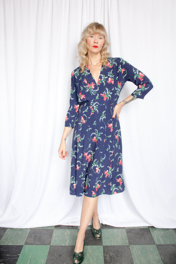 1940s Floral Cold Rayon Dress - Medium