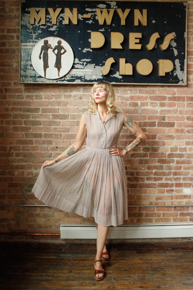1950s Sheer Puckered Nylon Striped Dress - Medium
