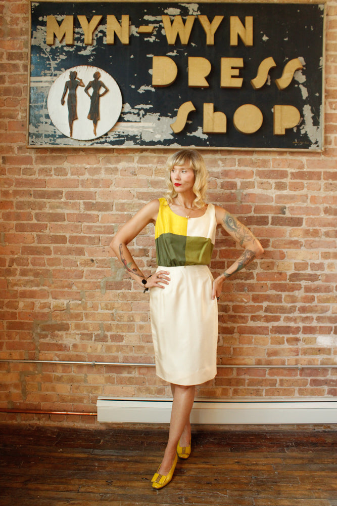 1960s Silk Color-block Sheath Dress - Small