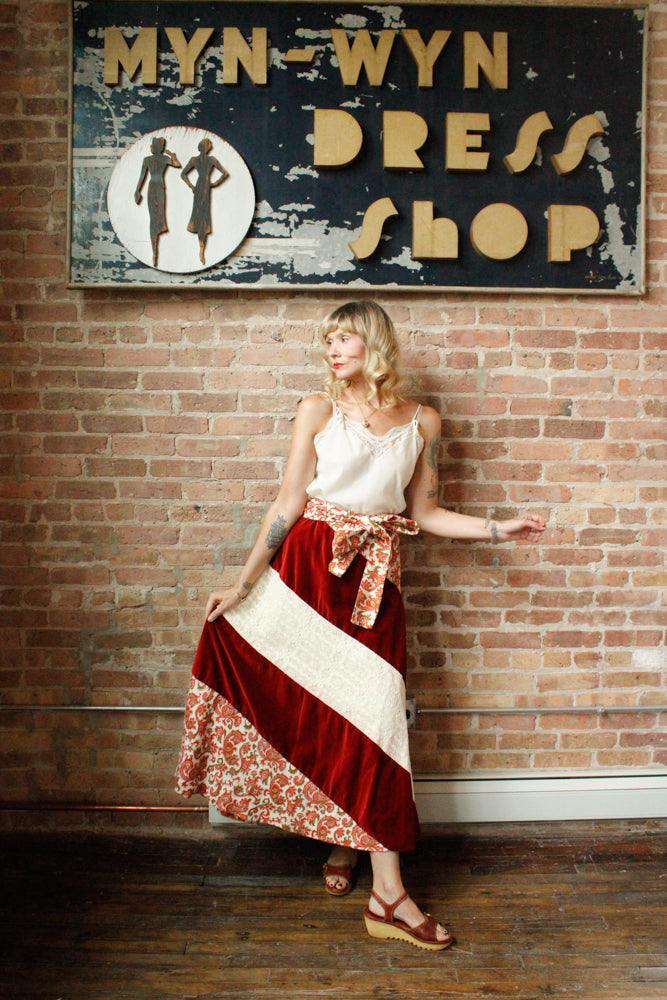 1970s Patchwork Velvet & Lace Floral Maxi Skirt - L/XL
