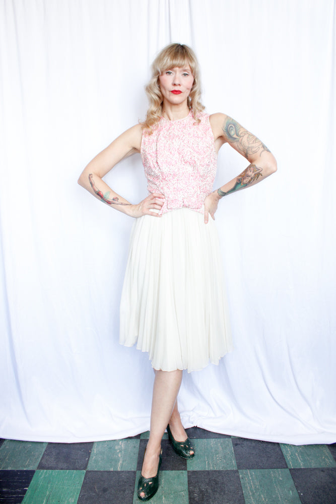 1950s Spring Silk Brocade and Chiffon Dress and Jacket - Small