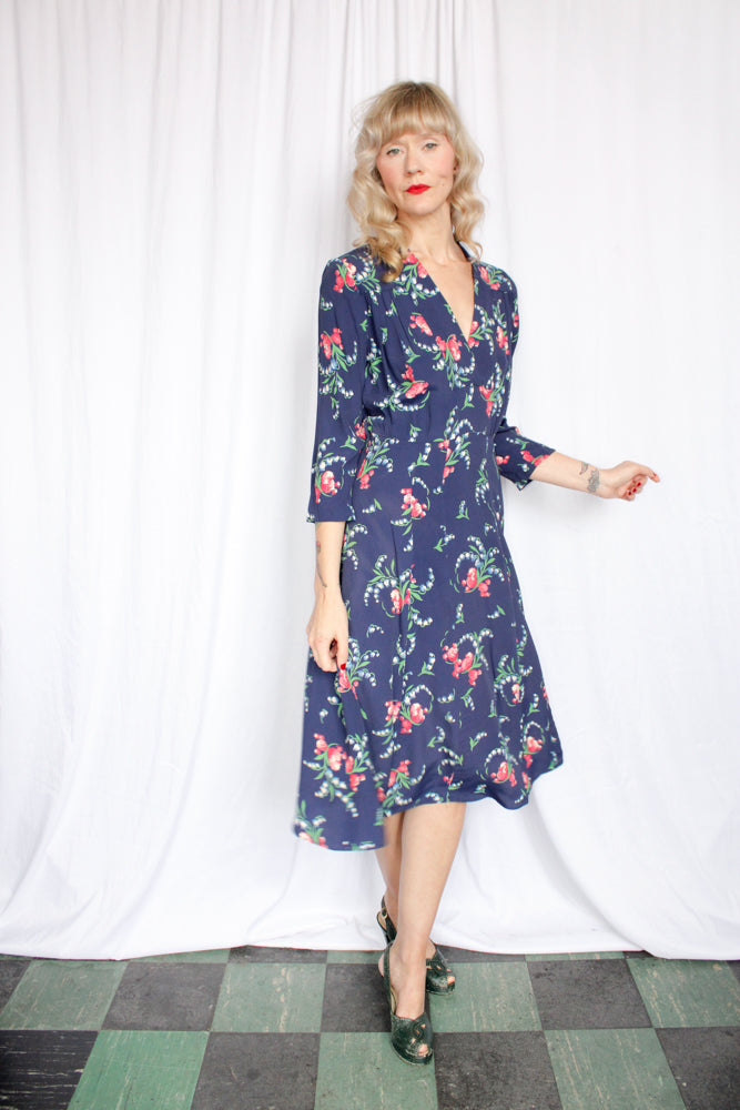 1940s Floral Cold Rayon Dress - Medium