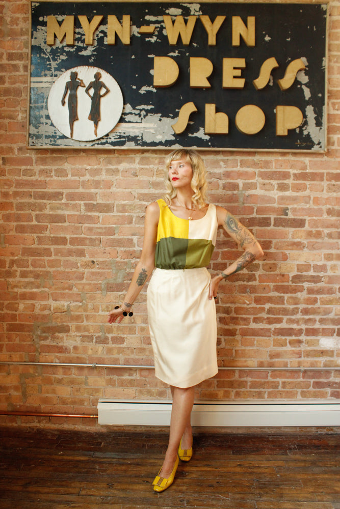 1960s Silk Color-block Sheath Dress - Small