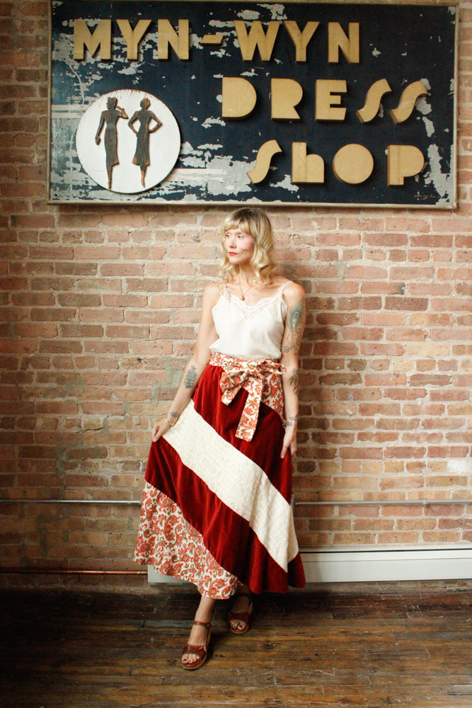 1970s Patchwork Velvet & Lace Floral Maxi Skirt - L/XL
