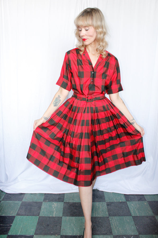 1950s Buffalo Plaid Silk Dress - Medium