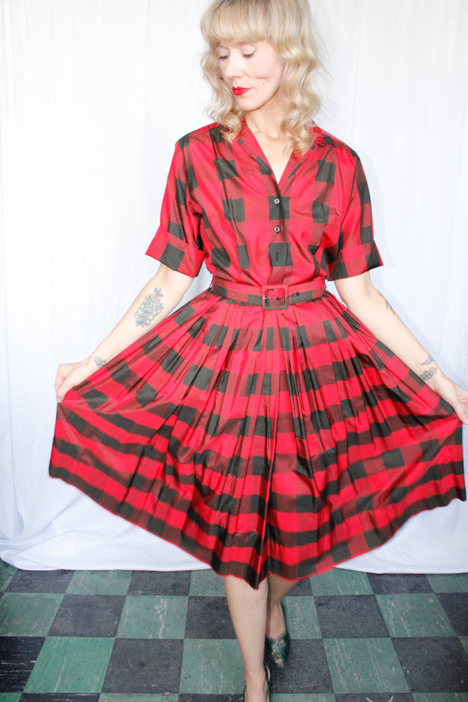 1950s Buffalo Plaid Silk Dress - Medium