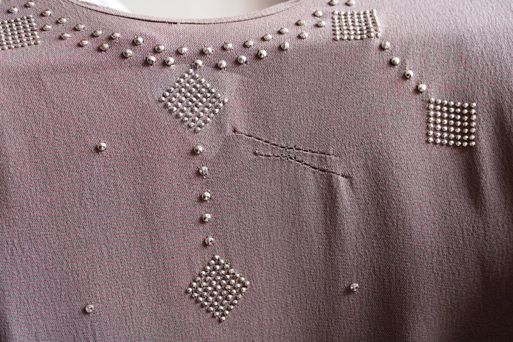 1940s Grayish Brown Rayon Studded Dress - Small