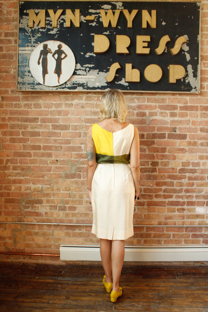 1960s Silk Color-block Sheath Dress - Small