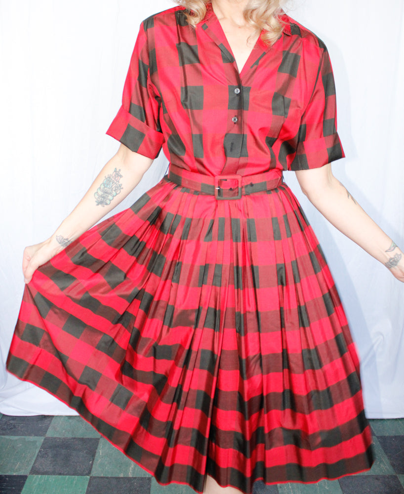 1950s Buffalo Plaid Silk Dress - Medium