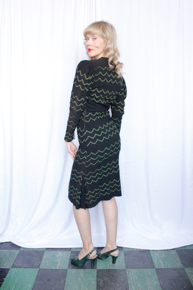 1930s Metallic Waves Embroidered Rayon Crepe Dress - Small