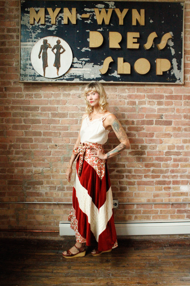 1970s Patchwork Velvet & Lace Floral Maxi Skirt - L/XL