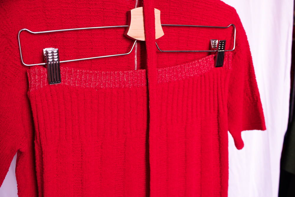 1940s Berry Red Knit 3pc Set Sweater+Skirt+Belt - Med