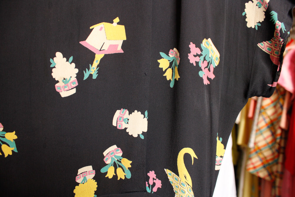 1940s Basket of Flowers Silk Dress - Small