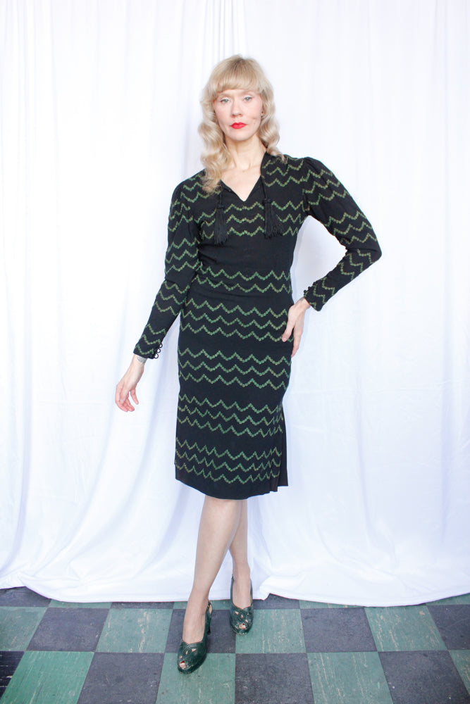 1930s Metallic Waves Embroidered Rayon Crepe Dress - Small