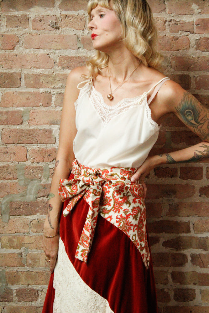 1970s Patchwork Velvet & Lace Floral Maxi Skirt - L/XL
