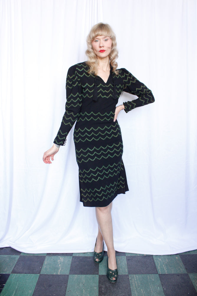 1930s Metallic Waves Embroidered Rayon Crepe Dress - Small 1930s Metallic Waves Embroidered Rayon Crepe Dress - Small