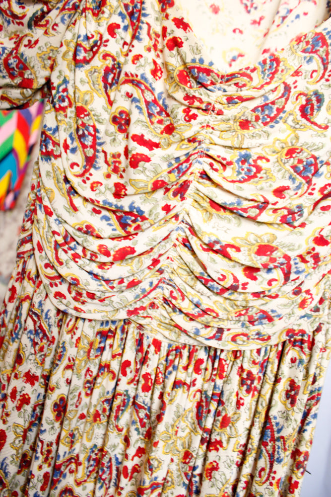 1930s Rayon Jersey Floral Gown - Xsmall