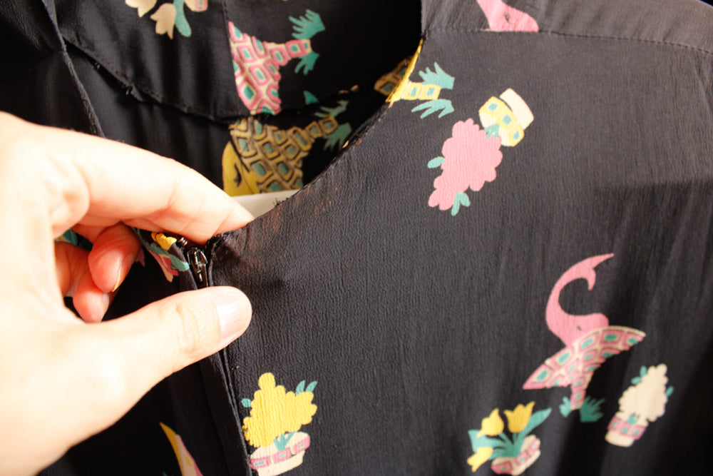 1940s Basket of Flowers Silk Dress - Small