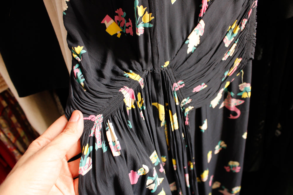 1940s Basket of Flowers Silk Dress - Small