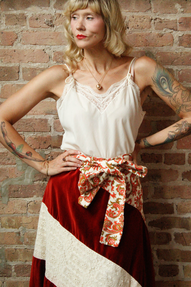 1970s Patchwork Velvet & Lace Floral Maxi Skirt - L/XL