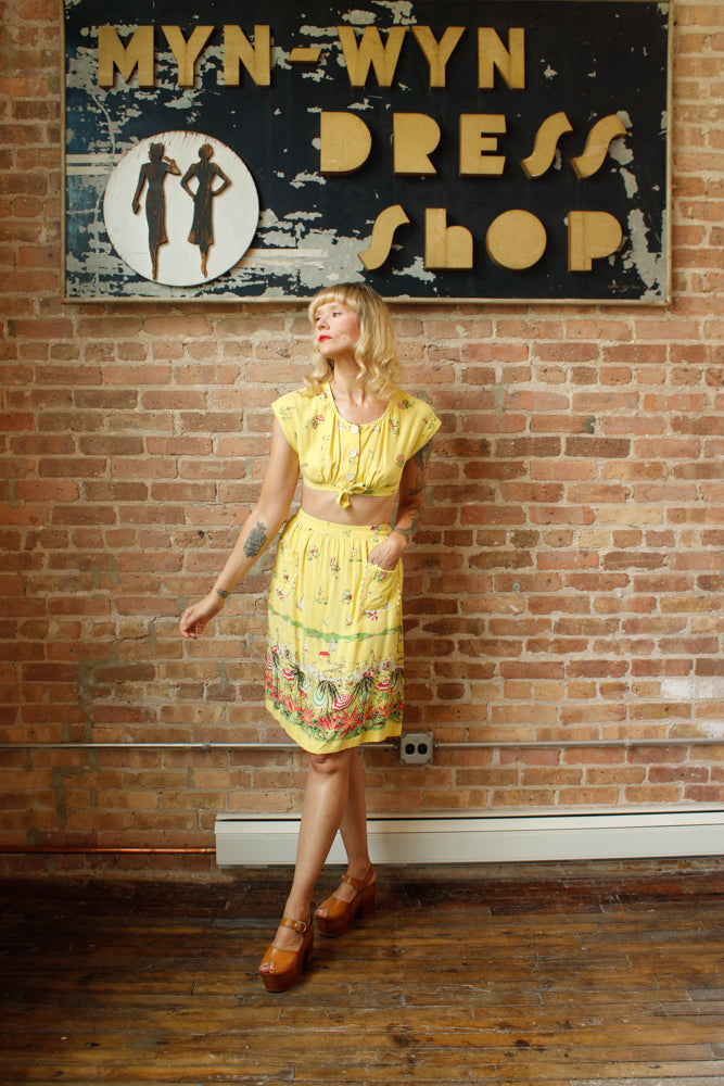 1940s Debby Lou Beach Scene Crop Top & Skirt Set - Xs/Small