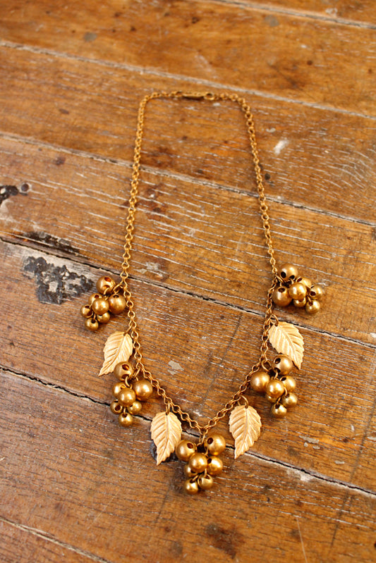 1940s Berries & Leaves Brass Necklace