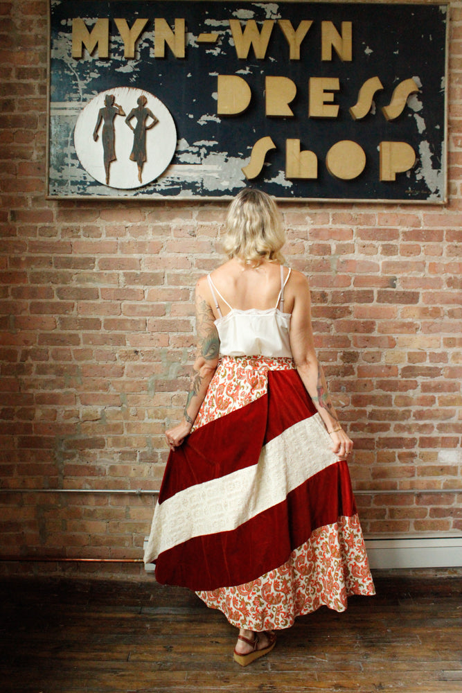 1970s Patchwork Velvet & Lace Floral Maxi Skirt - L/XL