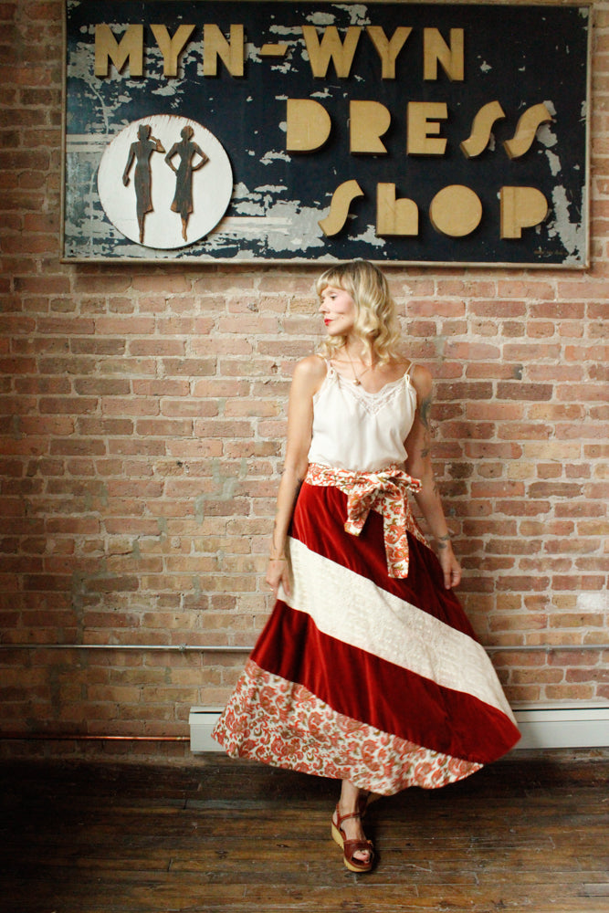 1970s Patchwork Velvet & Lace Floral Maxi Skirt - L/XL