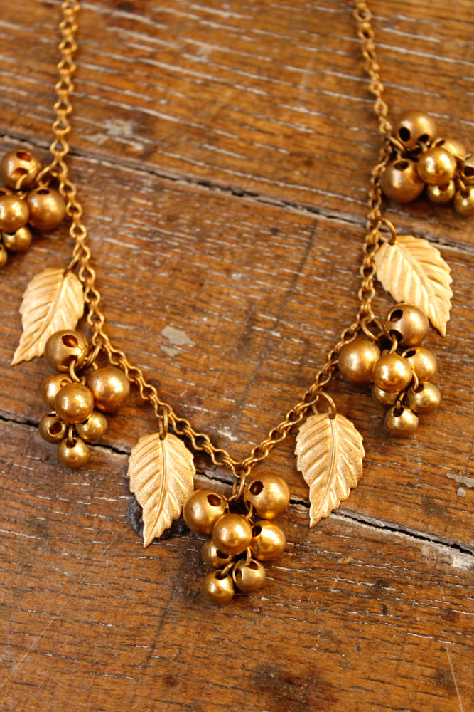 1940s Berries & Leaves Brass Necklace