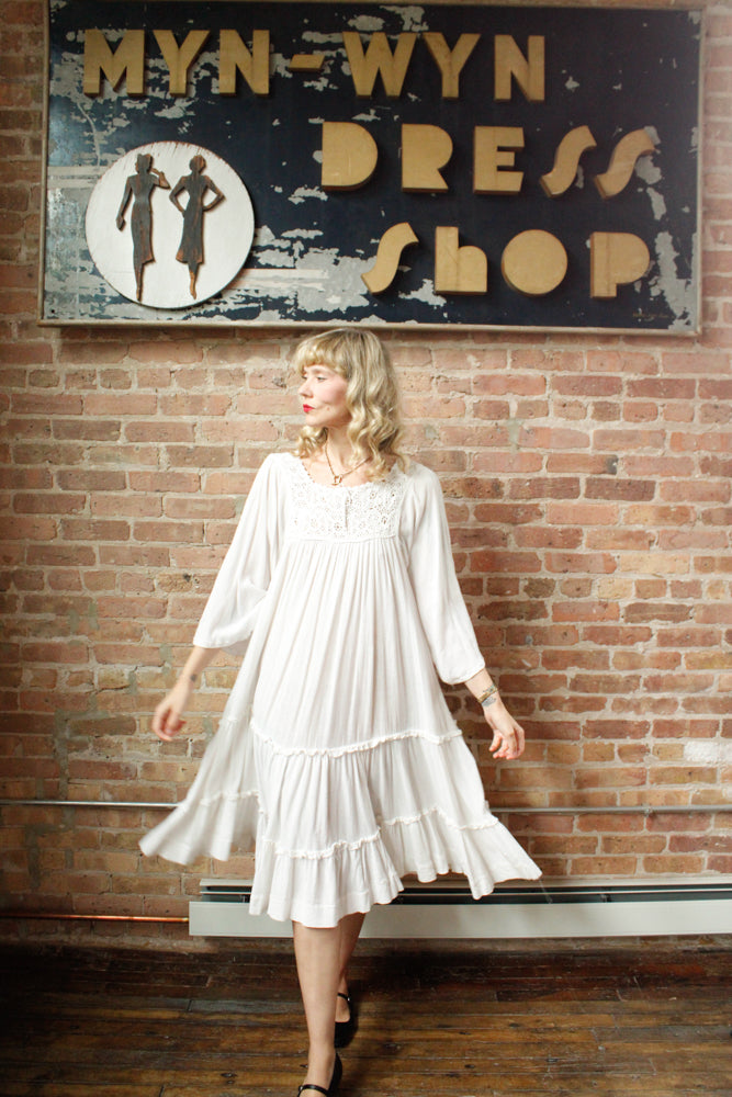 1980s Indian Gauze Cotton White Summer Dress