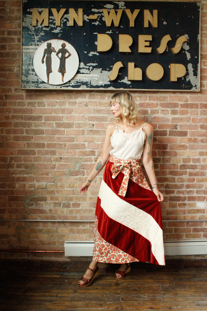 1970s Patchwork Velvet & Lace Floral Maxi Skirt - L/XL