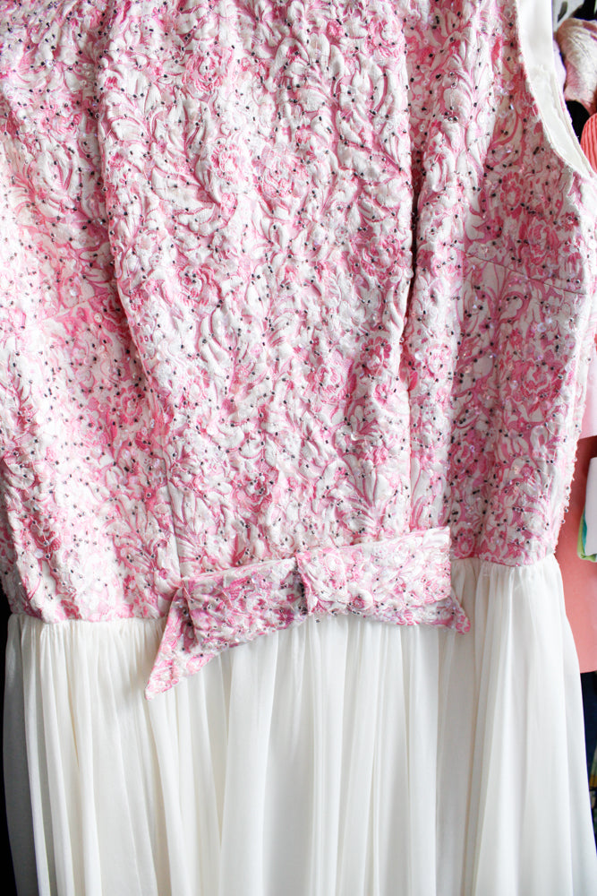 1950s Spring Silk Brocade and Chiffon Dress and Jacket - Small
