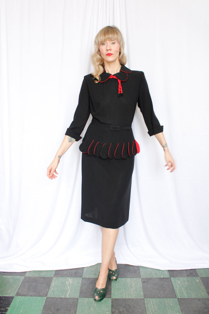 1940s Black & Red Vamp Peplum Dress - Medium
