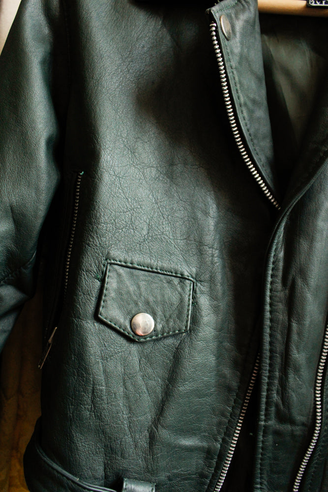 1990s Dark Green Leather Motorcycle Jacket - XS/S