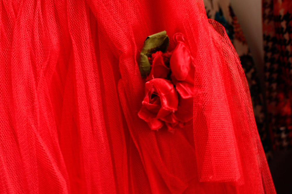 1940s Red Formal Tulle Strapless Gown - Medium