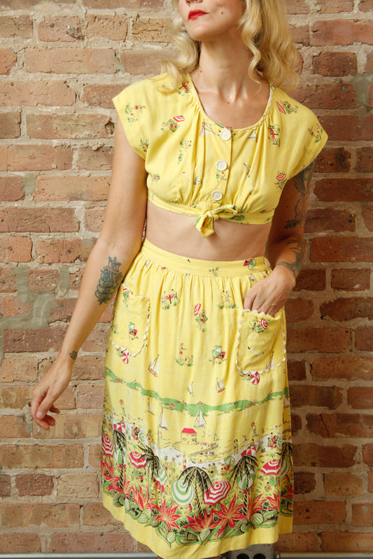 1940s Debby Lou Beach Scene Crop Top & Skirt Set - Xs/Small