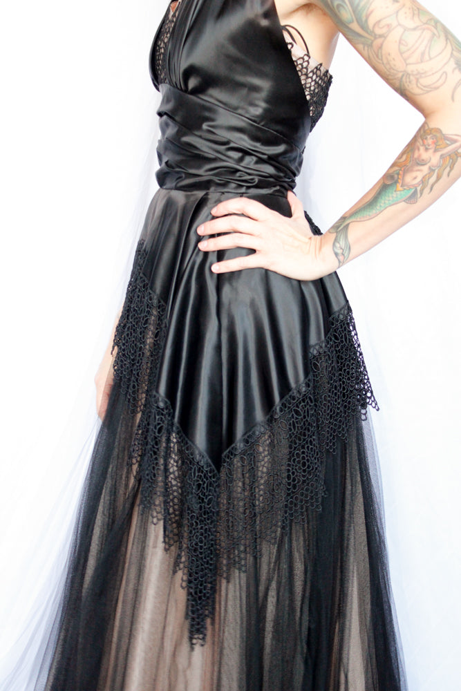 1950s Silk Satin & Tulle Marshall Fields Co Halter Gown - Small