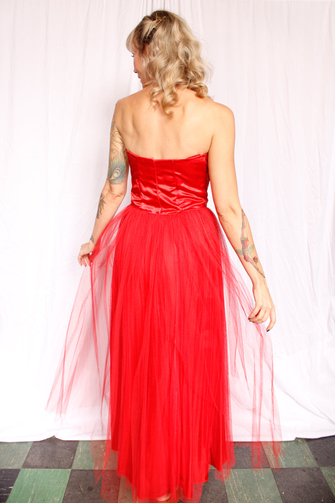 1940s Red Formal Tulle Strapless Gown - Medium
